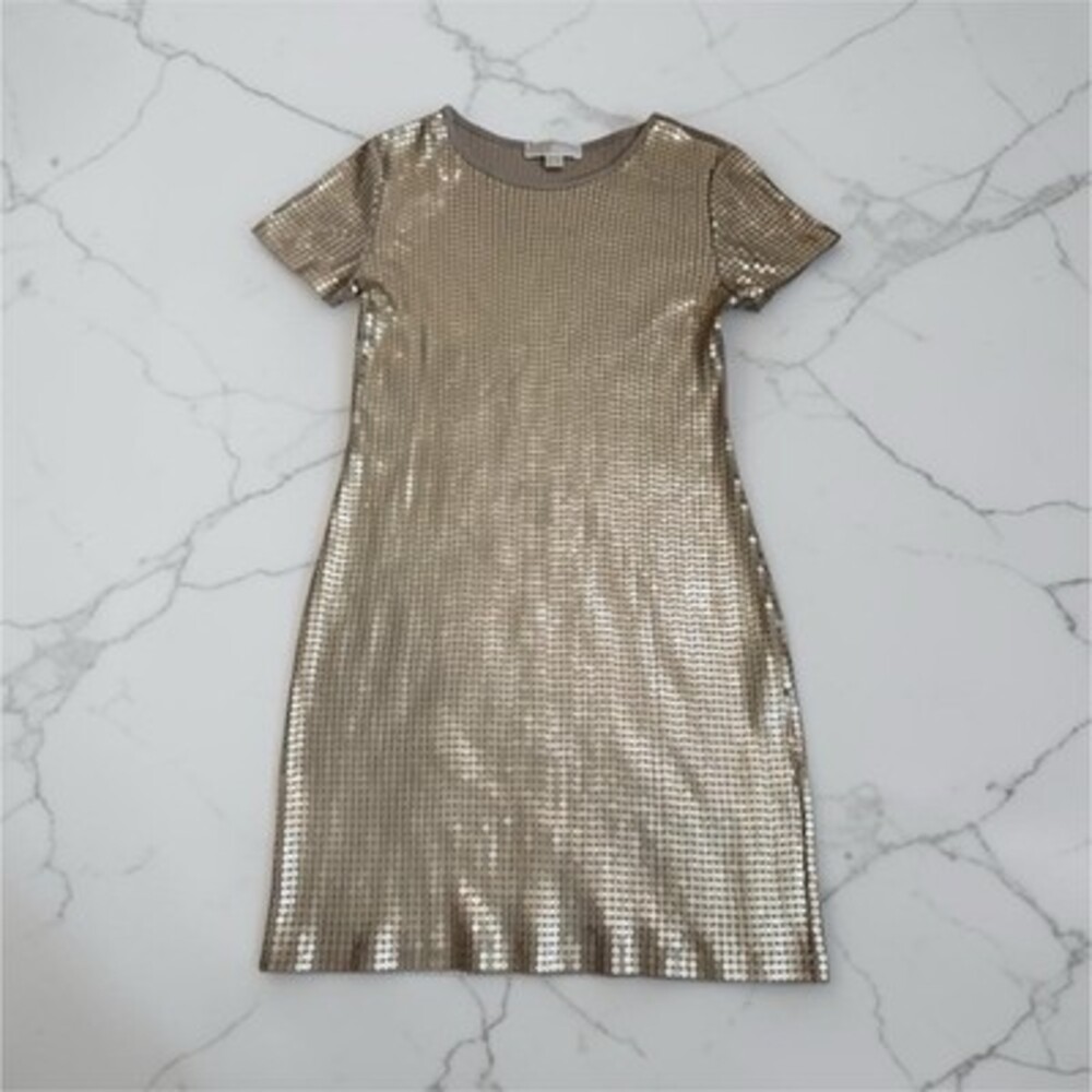 MICHAEL Michael Kors Gold Sequin Shift Knee Length Dress M Women Short Sleeve